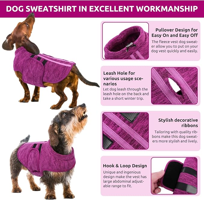 Queenmore XXS Dog Sweaters, Soft Fleece Vest Pullover Dog Jacket with Leash Hole, Warm Winter Dogs Clothes Cold Weather Doggy Dachshund Sweater for Small Dogs Cats Boy or Girl (Cationic Berry, XXS)
