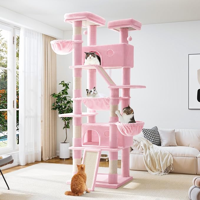 Allewie 81 Inches Tall Cat Tree/Multi-Level Large Climbing Tree House and Towers for Big Feline/Condo and Hammock/Scratching Post/Wide Base/Pink