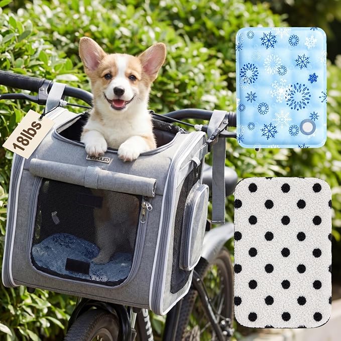 DaisyInner Dog Basket for Bike, Expandable Pet Carrier with Cooling Mat for Bicycle Handlebar, 2 Mesh Doors, Reflective Strips, Soft-Sided Travel Bag for Small & Medium Pet up to 8 kg(Gray)
