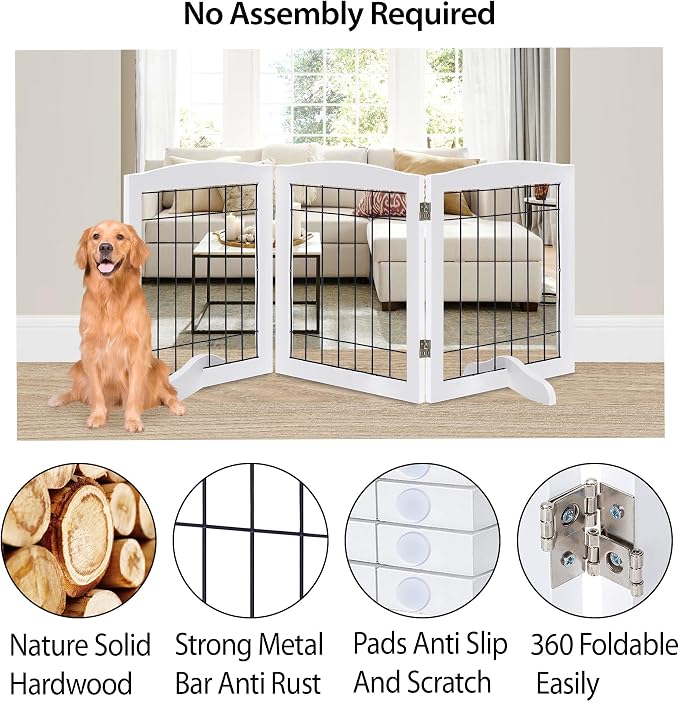LZRS 3-Panel Freestanding Adjustable Wooden Dog Gate—30" Tall Foldable Pet Barrier with Support Feet, Chew-Resistant Solid Hardwood & Steel Wire Safety Fence for Doorways, Hallways, and Stairs, White