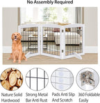 LZRS 3-Panel Freestanding Adjustable Wooden Dog Gate—30" Tall Foldable Pet Barrier with Support Feet, Chew-Resistant Solid Hardwood & Steel Wire Safety Fence for Doorways, Hallways, and Stairs, White