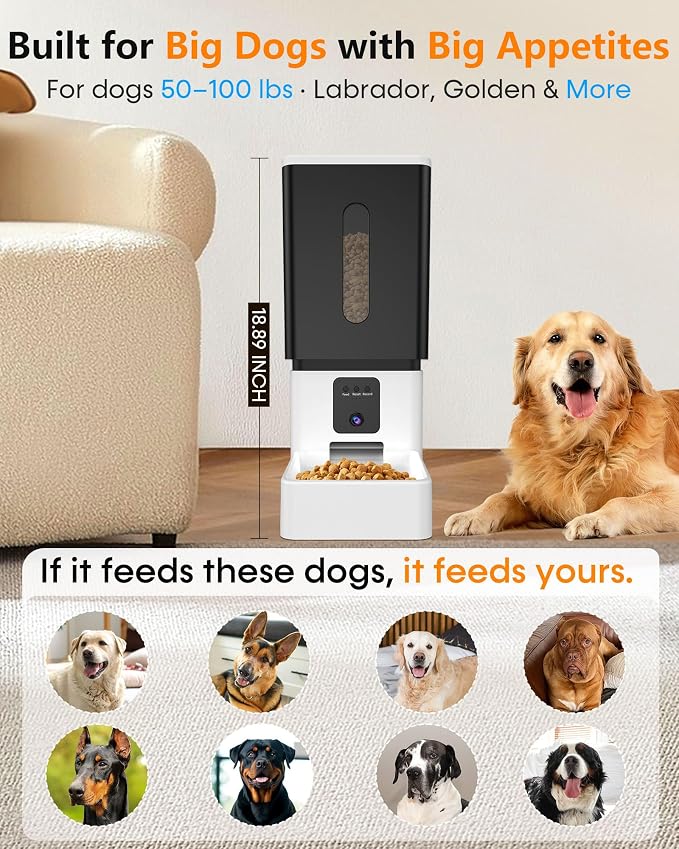 UTCG Large Breed Automatic Dog Feeder with 1080P HD Camera, 12L/50 Cups | 20-Day Food Capacity, Anti-Clog 0.78inch Wide Outlet for Large Kibble, for Busy Pet Owners