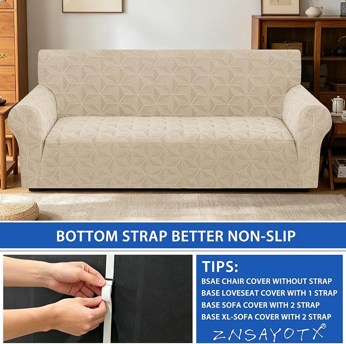 ZNSAYOTX Stretch Couch Cover, 1 Piece Sofa Covers for 3 Cushion Couch, Jacquard Sofa Slipcovers with Elastic Bottom Thickened Furniture Protector for Dog Cat Pet (Large, Khaki)