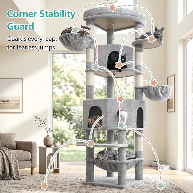 Cat Tree, 81.1" Skyward Corner Cat Tower for Large Cats VCT031W | Space-Smart Cat Furniture with Diamond Hideout, Grand Platform, Firm Base, 3 Soft Hammock & Pet Relax Station, Light Gray