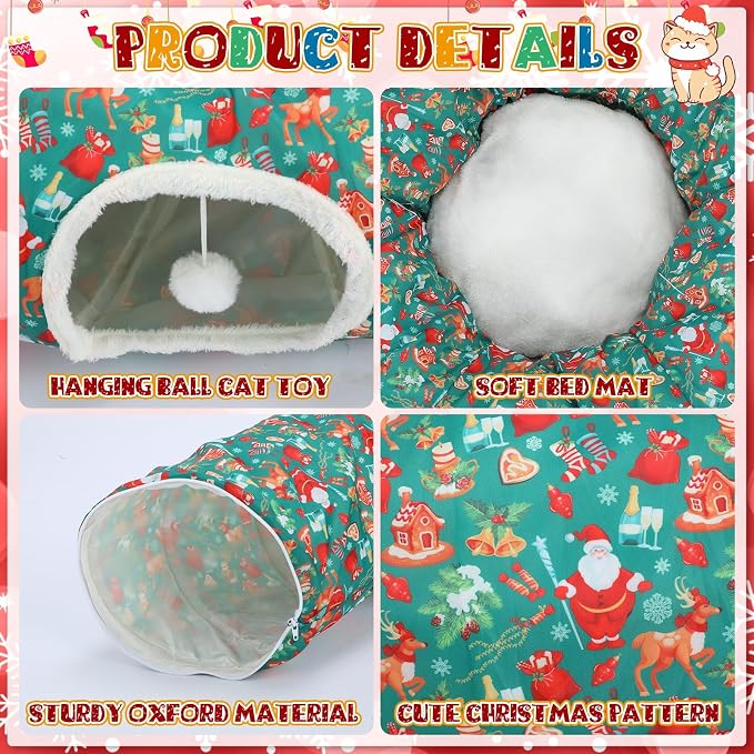 Christmas Cat Tunnel Bed for Indoor Cats Under Christmas Tree Skirt Tube with Hanging Ball Plush Cat Cave, Washable Holiday Pet Gift Toy & Gift for Kittens(Santa)