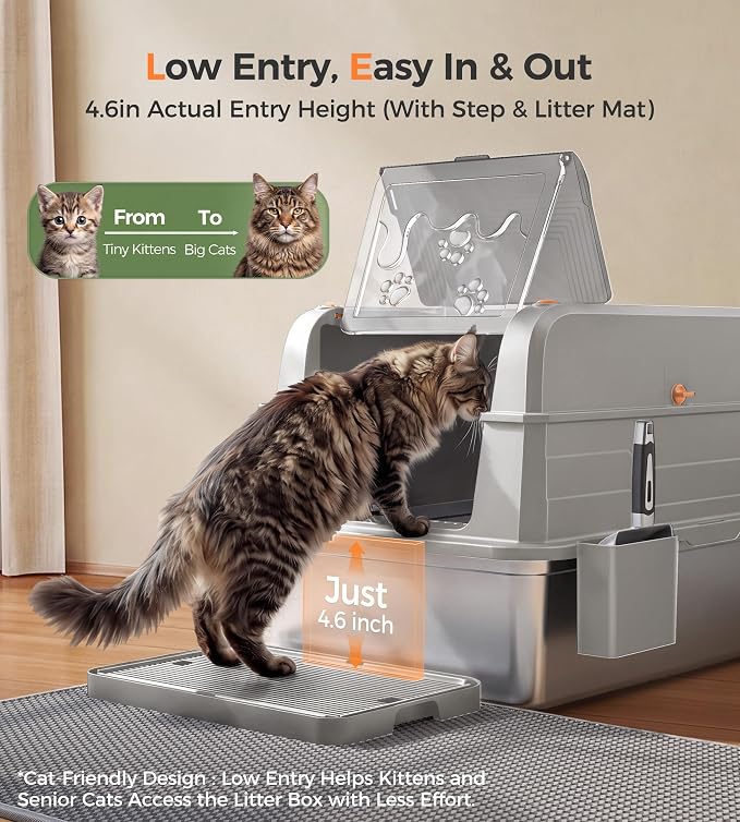 CATLIKE 2026 Upgrade 152L XXXL Stainless Steel Cat Litter Box - 3-Layer Urine Leak-Proof, Enclosed Design w/Charcoal Filter for Maine Coon & Multi-Cat Homes, Includes Metal Scoop & Mat