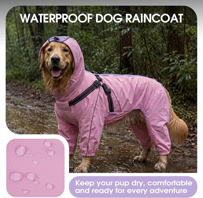 QBLEEV Lightweight Dog Windbreaker, Waterproof Outdoor Jacket, Pink, 3XL | Waterproof & windproof | built-in harness | easy on and off with dual closure | reflective safety strips | detachable hood