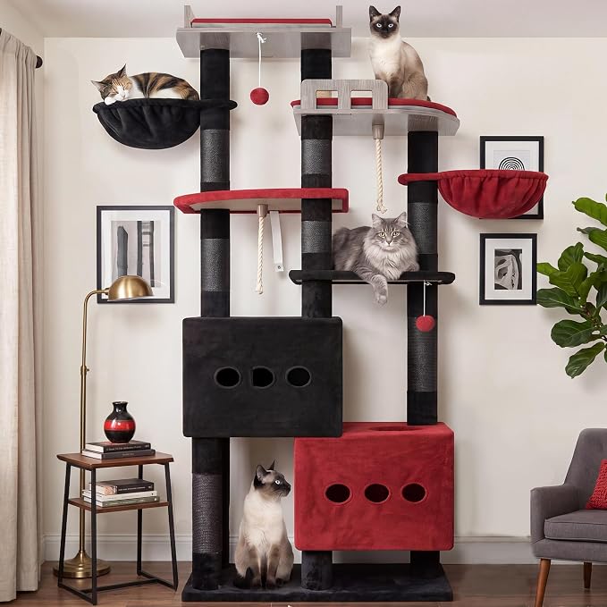 Gitelsnour Sturdy Cat Tree Tower with 2 Large Condos, 4 Big Perchs GCT039BR | 74.8" Sturdy Cat Furniture for Indoor Cats Large Adult with 2 Cozy Cat Baskets, Sisal Scratching Posts & Toys, Black and Red