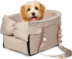 Prpeko Dog Car Seat for Small Dogs,Center Console Seat for Puppy,Anti-Collapse Pet Car Seat with Soft Cushion Safety Belt, Portable Car Armrest Seat for Dog & Cat Under 15 lbs (Grid-Brown)