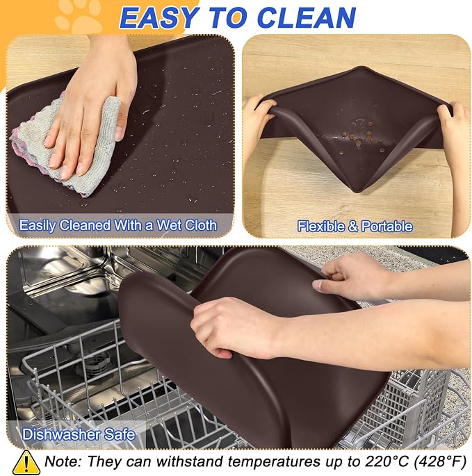 SMILOOL Silicone Pet Food Mat with Raised Edge for Food and Water Bowl, Dog Feeding Mats, Cat Food Trays for Floor Waterproof, Rubber Tray for Dogs and Cats, 19 x 12 x 0.7 Dark Brown