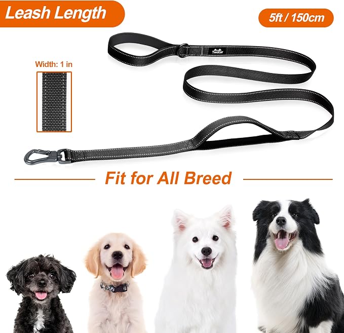 TwoEar 5FT 1IN Strong Black Dog Leash with 2 Padded Handles, Traffic Handle Extra Control, Comfortable Soft Dual Handle, Auto Lock Hook, Reflective Walking Lead for Small Medium and Large Dogs | Traffic Handle Extra Control, Auto Lock Hook, Strong Refl...