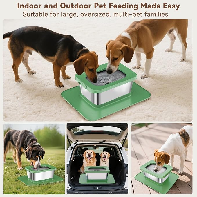 10L No Spill Dog Water Bowl, 2.6 Gal Stainless Steel No Splash Large Dog Water Bowl with Non-Slip Silicone Mat, Spill Proof Slow Drinking Pet Bowls for Messy Drinkers Indoor/Outdoor Use Green