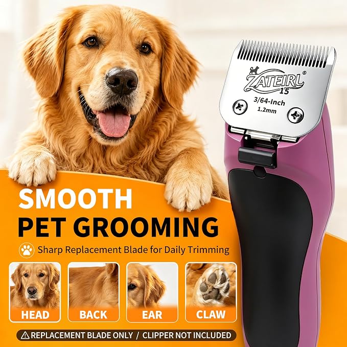 Size 15 Detachable Pet Grooming Clipper Blade with Ceramic Cutter, 1.2mm 3/64 Inch Cut Length, Silver, Compatible with Andis, Oster A5, Wahl KM10, 3 Pack