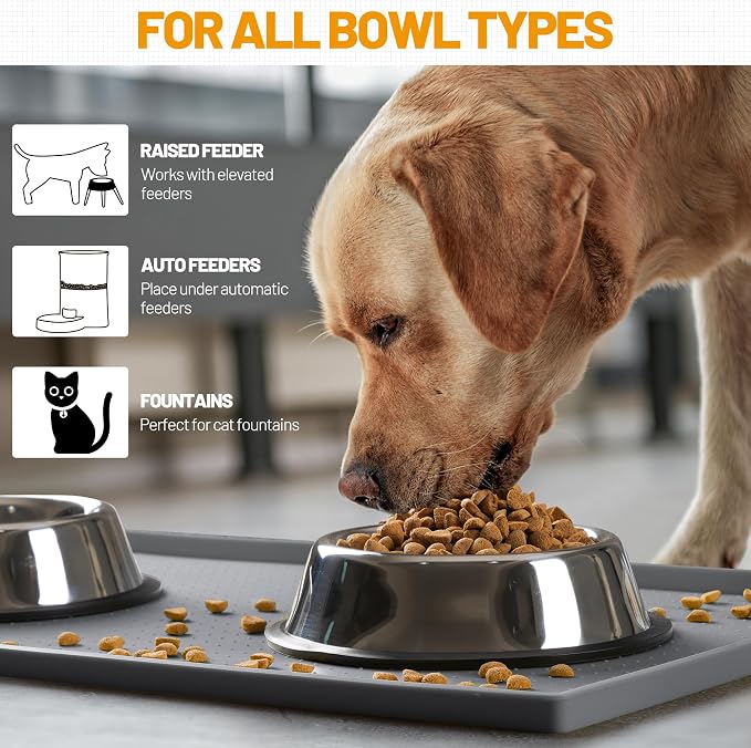 Hubulk Dog Feeding Mat,100% Waterproof Food Grade Silicone Pet Food and Water Bowl Placemat,Dishwasher, High Raised Edge to Prevent Spills,Nonslip Tray to Stop Messes on Floor (32"x24"x1.0", Grey)