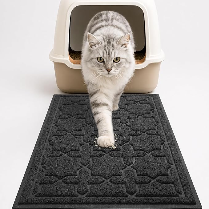 Yimobra Cat Litter Mat, Easy Clean Trapping PVC Mat with Waterproof Backing and Non Slip Bottom, Scatter Control Pad for Litter Box, 24"x20", Black