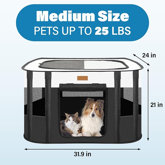 Dog Playpen - Foldable Cat Play Pens for Pubby, Kitten, Rabbit, Portable Pet Tent with Carring Bag for Indoor/Outdoor Travel Camping (Black-Medium)