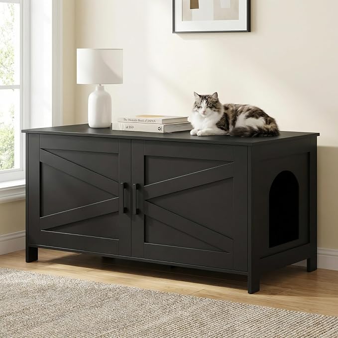 Homhedy 39.4" L Cat Litter Box Enclosure with Barn Door, Black | Wooden Cat Washroom Furniture, Cat House, Pet Storage Cabinet, Dog-Proof, Fit Most of Litter Box, Farmhouse Style