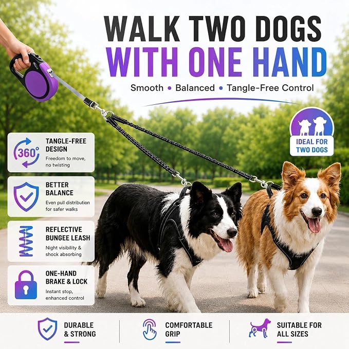 Double Retractable Dog Leash for Two Dogs Up to 115 lbs - 18.6 ft Coupler Leashes for Small Medium Dogs - One Locked System, Non Slip Grip, Tangle Free (Purple)