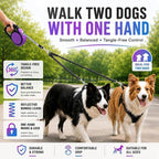 Double Retractable Dog Leash for Two Dogs Up to 115 lbs - 18.6 ft Coupler Leashes for Small Medium Dogs - One Locked System, Non Slip Grip, Tangle Free (Purple)