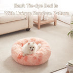 23 in Faux Fur Fluffy Donut Dog Bed for Small Dogs,Tie-dye Pink | Calming Plush Round Puppy Pet Bed with Removable & Washable Cover,Fits up to 25 lbs Pets