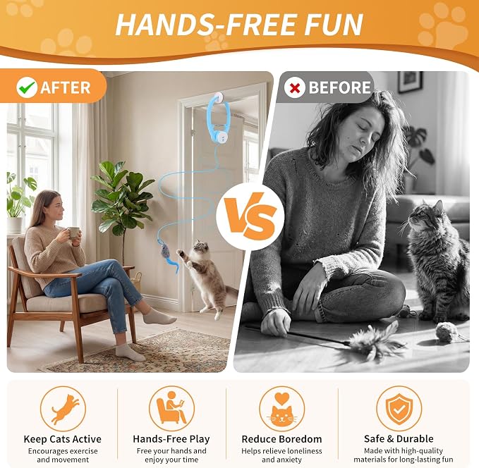 Interactive Cat Mice Toys for Indoor Cats, Automatic Flying Feather Wand for Bored Kittens Adult Cats Self Play, Rechargeable Doorway Hanging Toy for Pets Chase Hunt Enrichment Exercise (Blue)