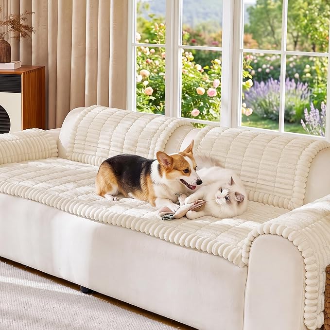 FUANGUI Waterproof Couch Cover Sofa Cover for Dogs and Pets Sofa Protector | Non-Slip Washable Fuzzy Soft Cat Bed Sofa Slipcover for 2-3 Cushion Couch Sofa Pet Friendly, Beige, 27.6" x 59.1", 1 pcs