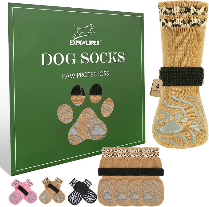 EXPAWLORER Dog Socks for Hot Pavement to Prevent Licking Paws, Non-Slip Dog Grippy Booties Shoes for Hardwood Floors, Traction Control Boots & Paw Protectors for Small Medium Large Senior Dogs Khaki S