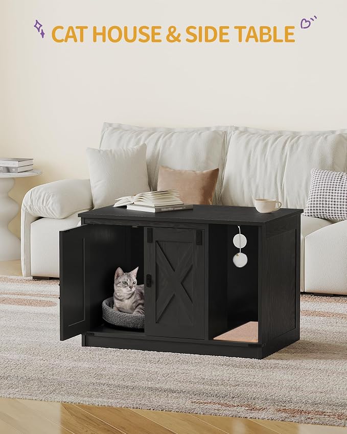 Hzuaneri Cat Litter Box Enclosure, Hidden Litter Box Cabinet Furniture | Indoor Cat House with Bell, Farmhouse Style, 31.5 x 19.7 x 20.9 Inches, for Hallway, Bedroom, Black CB82404X