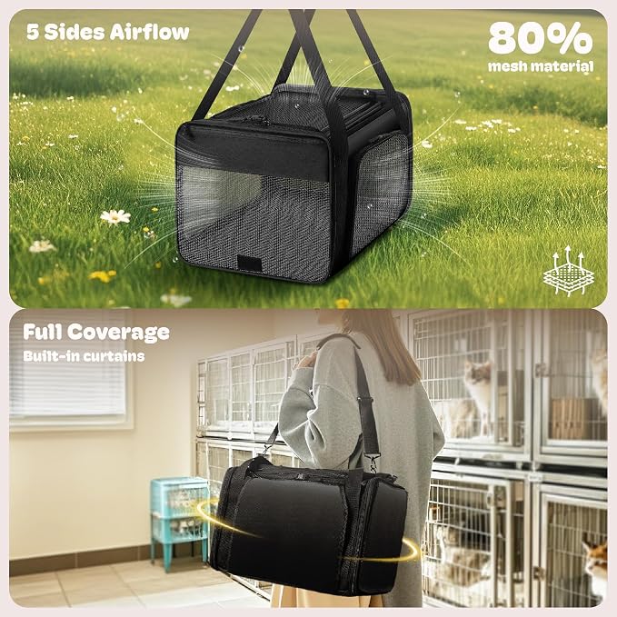 Top and 2 Sides Expandable Pet Carrier 17x11x9.5, TSA Airline Approved Small Dog Carriers for Small Dogs, Soft-Sided Cat Carrier with Self-Locking Zippers for Kitten,Rabbit, Puppy, Guinea Pig Black