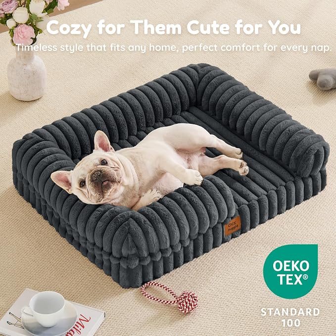 ChiXnuggle Faux Fur Orthopedic Dog Bolster Bed, Waterproof Washable Cover | rectangular dog sofa couch,egg crate foam,non-slip bottom,for small medium dogs,dark grey,30*24*7,puppy bed