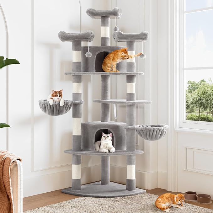 Allewie 73in Fan-Shaped Space-Saving Corner Cat Tower/Multi-Level Tall Cat Tree for Indoor Kitties/Cozy Baskets/Condos/House/Perches/Sisal Scratching Posts/Pet Activity Center/Grey