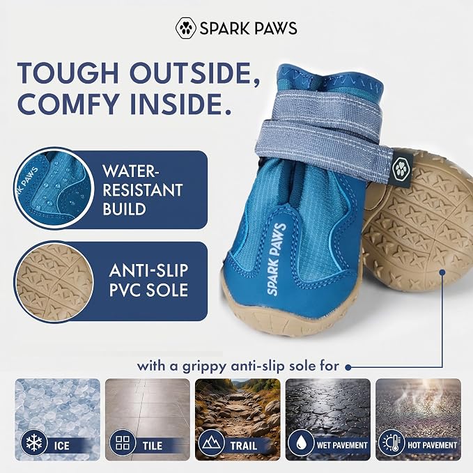 Spark Paws 365 Dog Shoes - All-Season Boots for Winter Snow & Hot Pavement | Water-resistant, anti-slip, stay-on straps - rain, ice & summer booties in one. Reflective; small, medium & large dogs