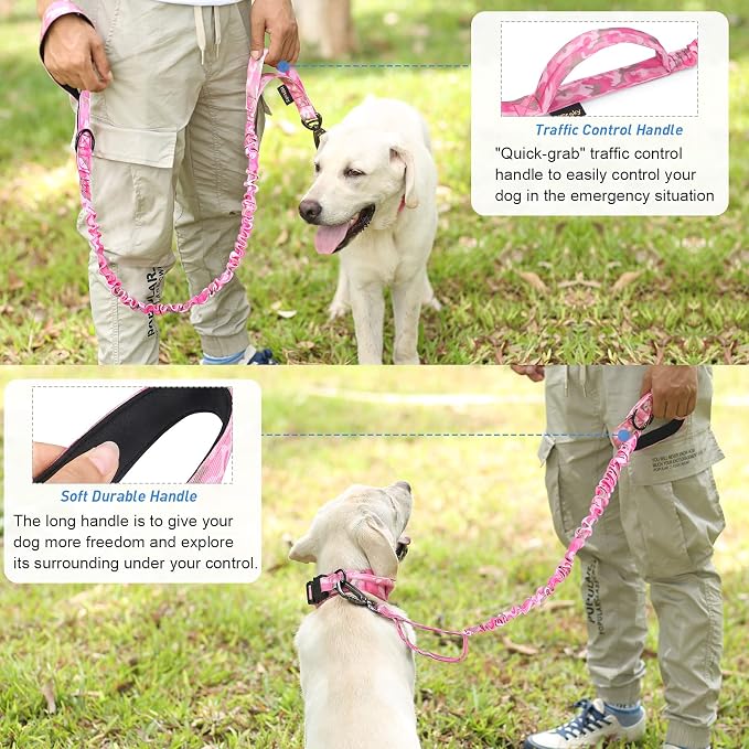 Hotsky Tactical Dog Collar and Leash Set, Heavy Duty Military Airtag Dog Collar with Handle and Metal Buckle for Training and Walking, with Airtag Holder and Two Patches(Pink Camo, XL)