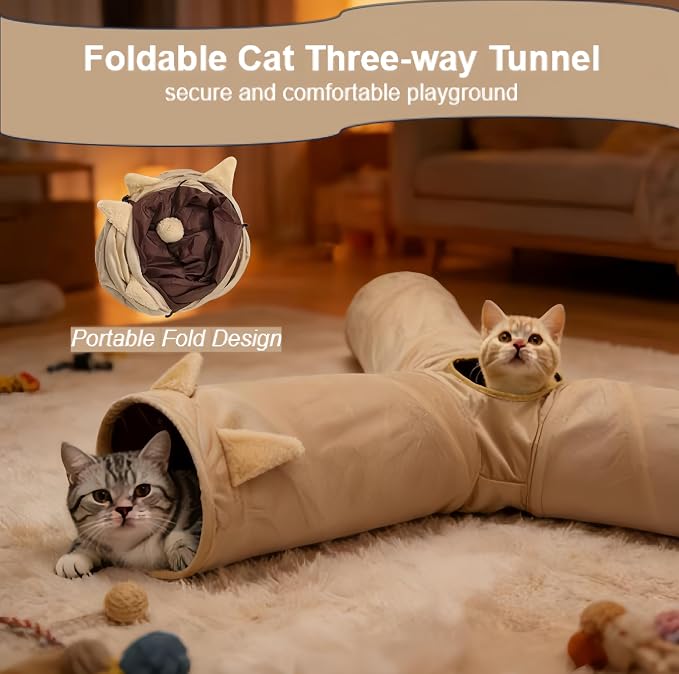 Cat Tunnel 3 Way Collapsible, Cat Ear Design with Crinkle Sound, Indoor Cat Toys Interactive, 4 Peek Holes Pet Play Tube for Cats, Kitten, Puppy, Rabbit, Brown (3-Way Brown Cat Ears)