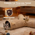 Cat Tunnel 3 Way Collapsible, Cat Ear Design with Crinkle Sound, Indoor Cat Toys Interactive, 4 Peek Holes Pet Play Tube for Cats, Kitten, Puppy, Rabbit, Brown (3-Way Brown Cat Ears)