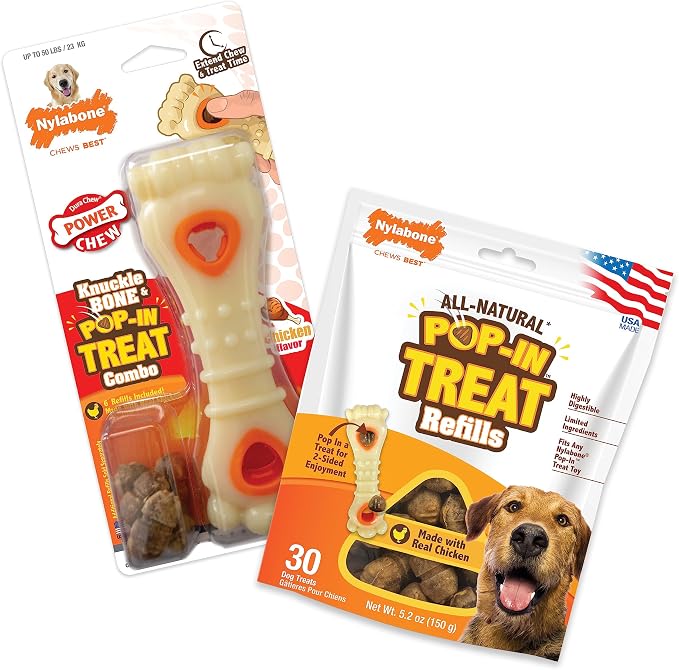 Nylabone Power Chew Knuckle Bone & Pop-in Dog Treat Toy & 30 Treat Refills | Large breeds, chicken flavor, all-natural treats, dog enrichment, interactive dog toys to keep them busy, dogs up to 50 lbs