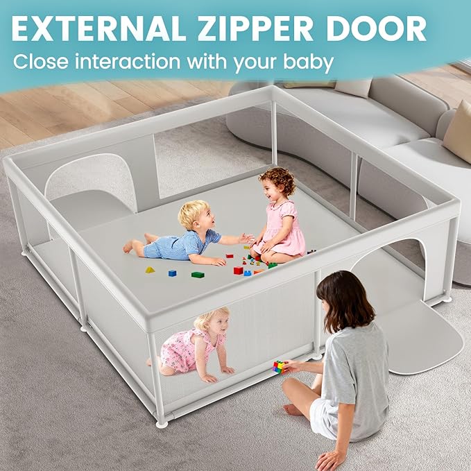Hiaksedt 79x79 Inch Baby Playpen for Babies and Toddlers | Extra Large Play Yards for Indoor & Outdoor with Zipper Gates, Breathable Mesh with Anti-Slip Base