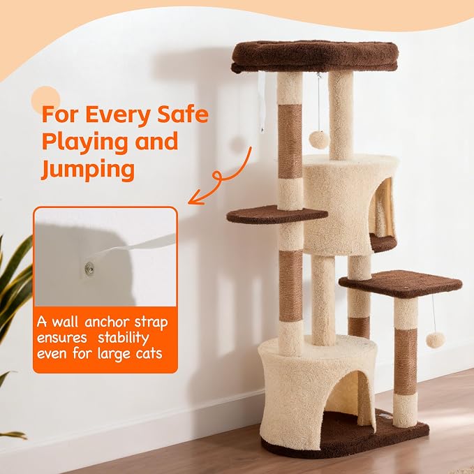 45.3-Inch Cat Tree Tower for Indoor Cats, Brown | Two cozy cat condos; three soft platforms; full sisal scratching wrap; removable dangling toy; reinforced anti-tip base