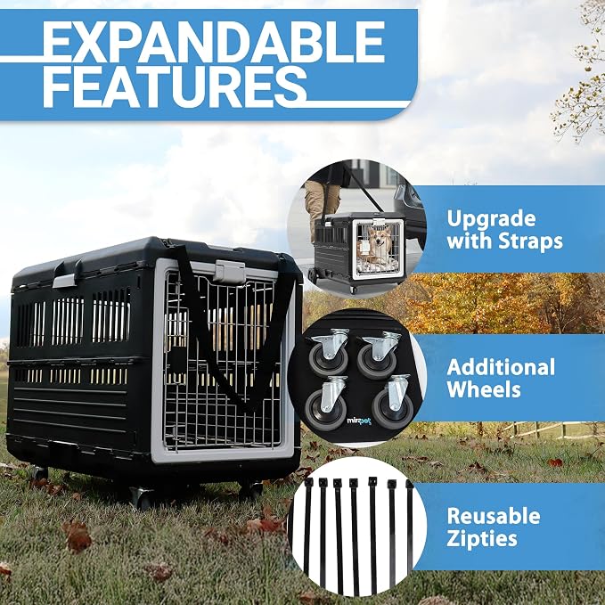 Collapsible Dog Crate & Travel Kit Bundle, 35"L x 21"W x 27"H, Hard Sided Portable Kennel with Wheels, Strap, and Zip Ties for Travel