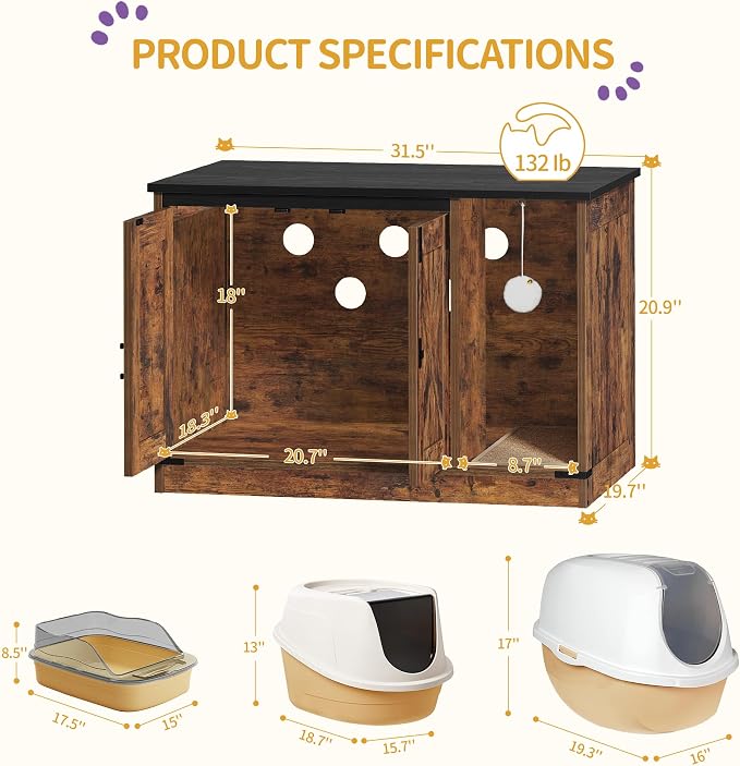 Hzuaneri Cat Litter Box Enclosure, Hidden Litter Box Cabinet Furniture | Indoor Cat House with Bell, Farmhouse Style, 31.5 x 19.7 x 20.9 Inches, for Hallway, Bedroom, Rustic Brown and Black CB82401X