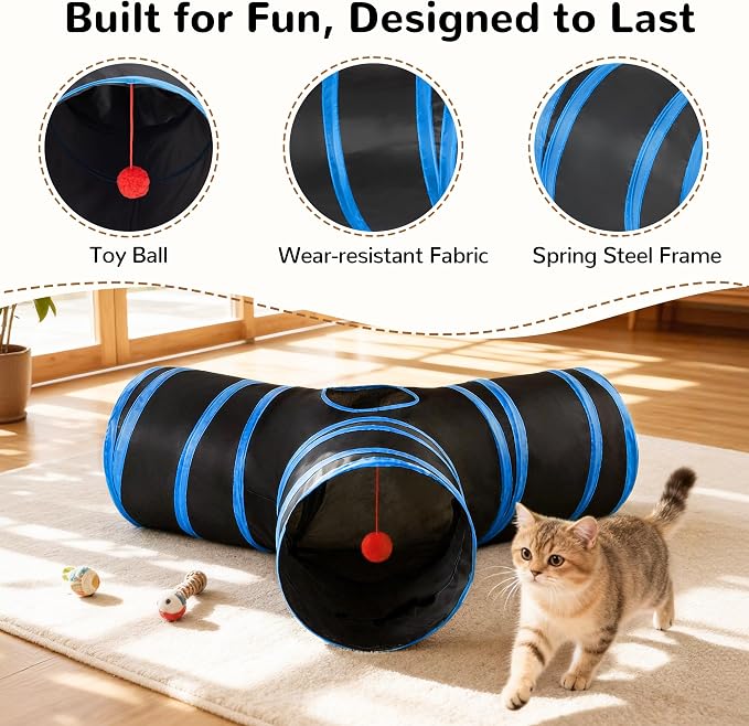 Tempcore Cat Tunnel for Indoor Cats, 3 Way Collapsible Pet Play Tunnel with Teaser Wand, Peek Holes & Hanging Ball, Interactive Tube for Kittens & Rabbits, Black & Royal Blue