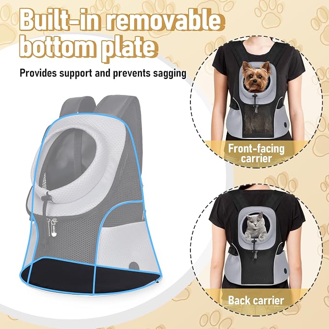 WOYYHO Pet Dog Carrier Backpack, Ventilated Mesh Small Dog Front Backpack | Breathable Puppy Back Pack, with Safety Belt, Storage Pockets, for Travel Hiking Cycling Outdoor Adventures, Grey, M