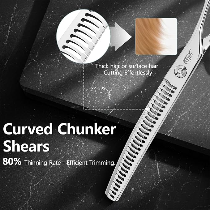 75'' Curved Chunker Shears for Dog Grooming, Professional Japanese 440C Stainless Steel Pet Grooming Scissors with Round Safety Tip & Ergonomic Handle, Sharp Trimming Scissors for Dogs and Cats