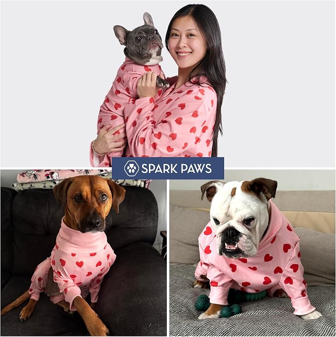 Spark Paws Dog Pajama, Dog Recovery Suit Male, Onesie, Ultra-Soft and 4-Way Stretch, for Small Medium and Large Breeds - Pink Hearts - S