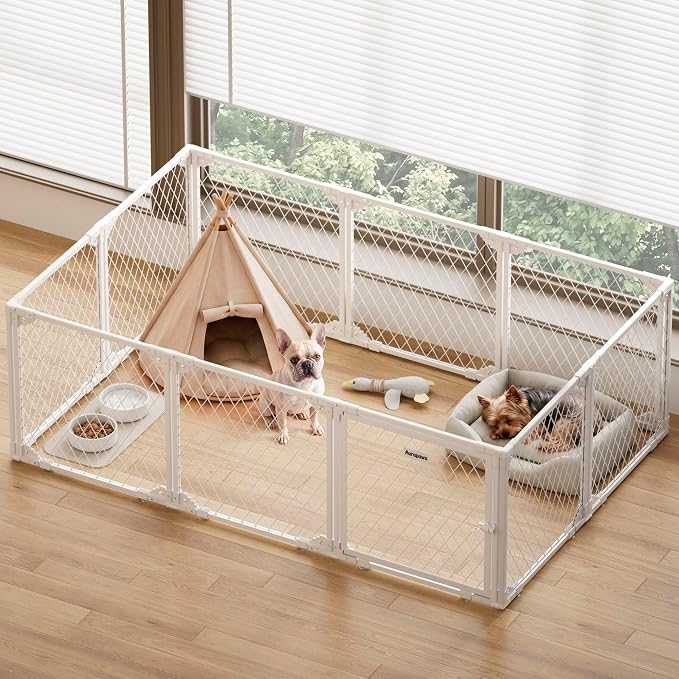 Dog Playpen Indoor, 10 Panel, 24" White Metal Puppy Playpen | Diamond Mesh Chew Resistant, Tool-Free Assembly, Easy Clean, Portable Design, Dog Exercise Pen for puppies and small dogs