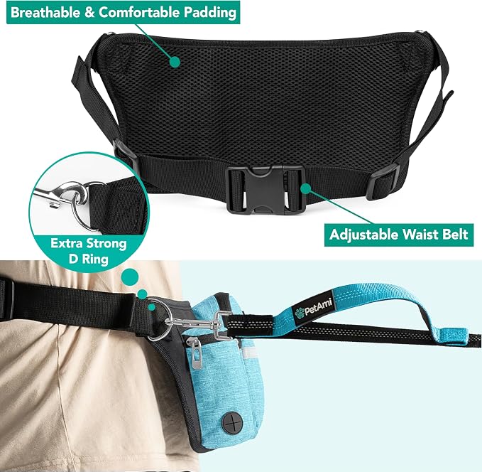 PetAmi Premium Hands Free Dog Leash for 2 Dogs, Adjustable Waist Belt for Dog Walking, Fanny Pack Accessories Bag Dual Bungee for Running, Hiking, Jogging, Biking, Turquoise Blue