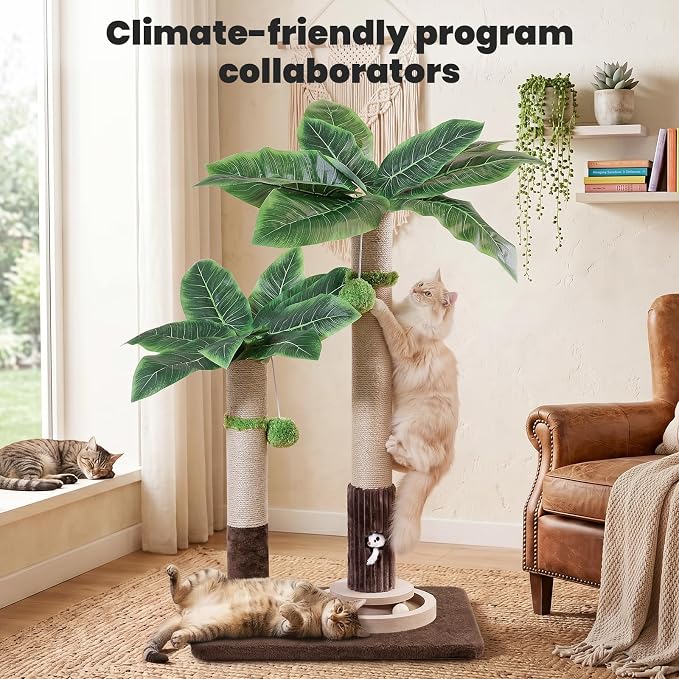 Woochpet Palm Tree Cat Scratching Post Dual Height Brown | Natural Sisal Wrapped Poles, Hanging Plush Balls, Bottom Roller Ball Track, Hidden Peek Hole