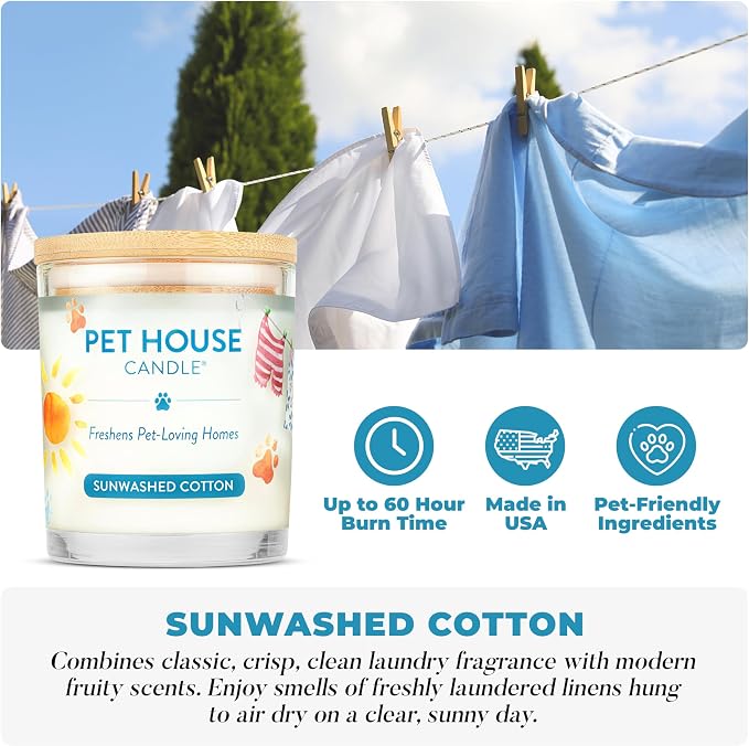 Pet House Candle Plant-Based/Soy - Clean Burning Scented,Long Lasting Pet Odor Candle for Home - Sunwashed Cotton