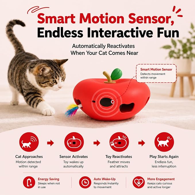 Cat Toys Automatic Interactive Cat Toy for Indoor Cats, Red | Rechargeable Cat Toys Interactive, Quiet Pop-Up Kitten Toy, Smart Sensor Feather Toy, Simulates Hunting, with 6 Random Holes