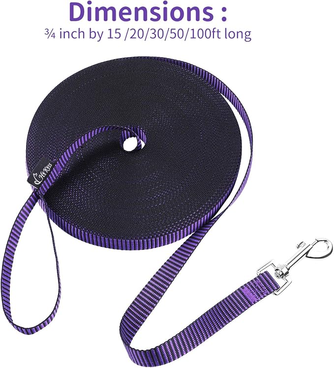 Hi Kiss Dog/Puppy Obedience Recall Training Agility Lead - 15ft 20ft 30ft 50ft 100ft Training Leash - Great for Training, Play, Camping, or Backyard(100ft,Black_Purple)